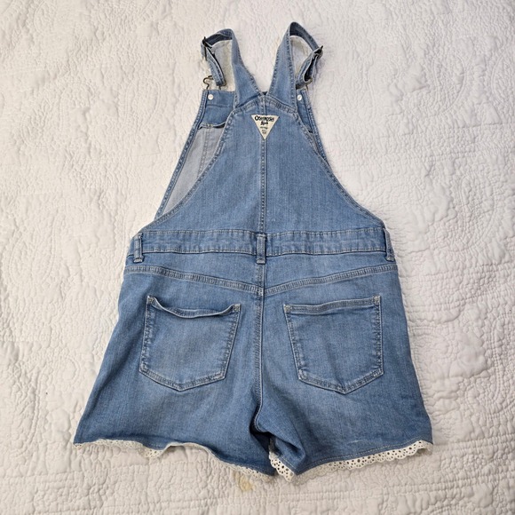 OshKosh Bgosh Girls Denim Overalls Shorts Lace Trim Size 10 Light Blue - Picture 1 of 5